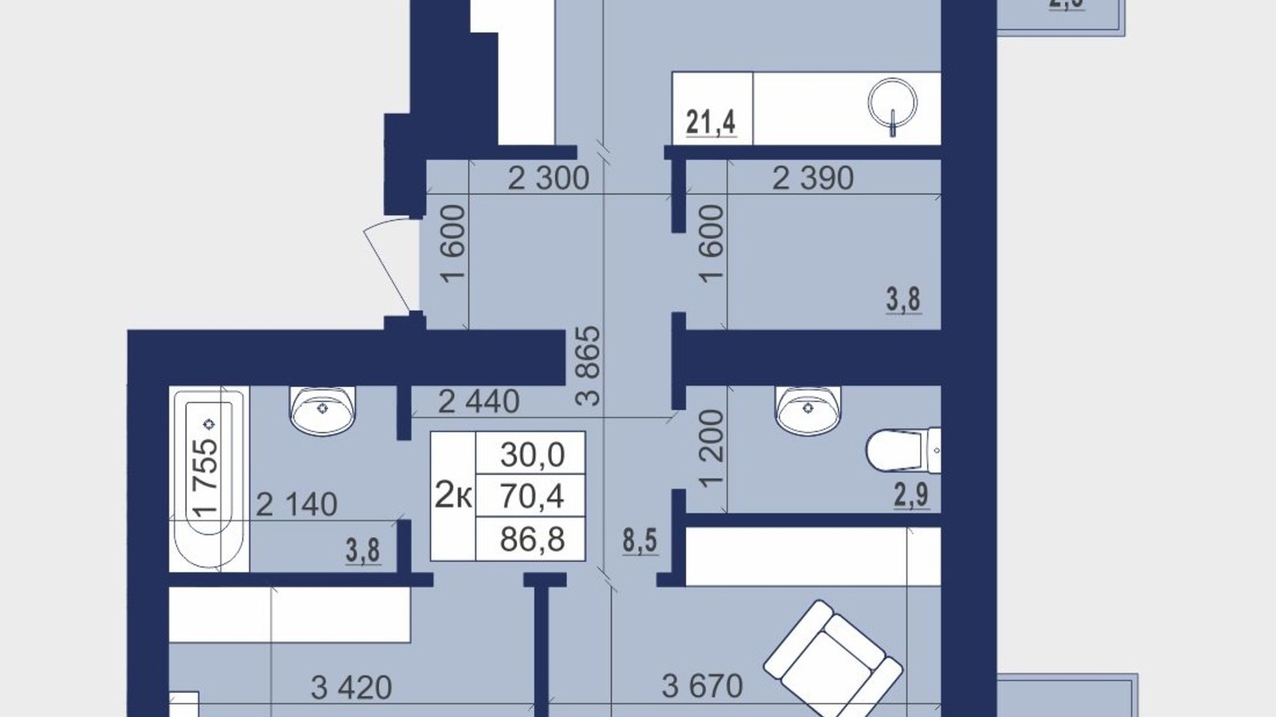 Планування 2-кімнатної квартири в ЖК Набережний 86.8 м², фото 405469