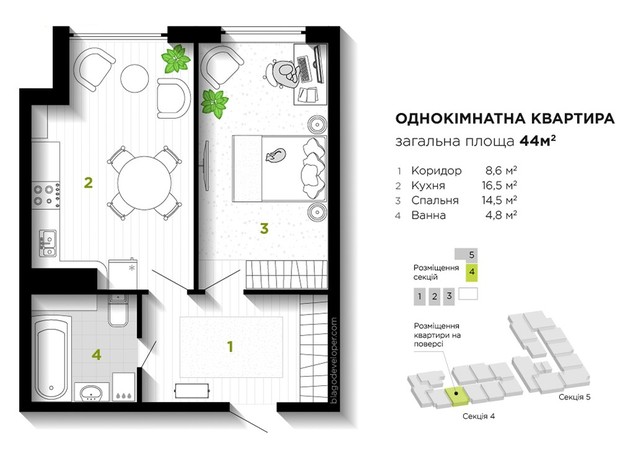 ЖК Union: планировка 1-комнатной квартиры 44 м²
