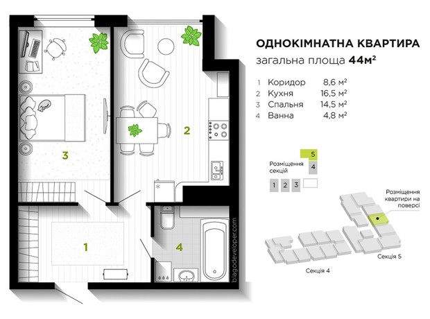ЖК Union: планировка 1-комнатной квартиры 44 м²