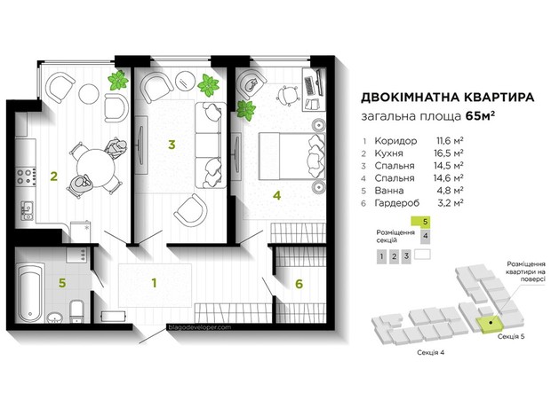 ЖК Union: планировка 2-комнатной квартиры 65 м²