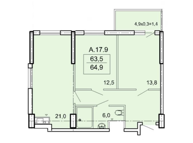ЖК Акрополь: планировка 2-комнатной квартиры 65.56 м²