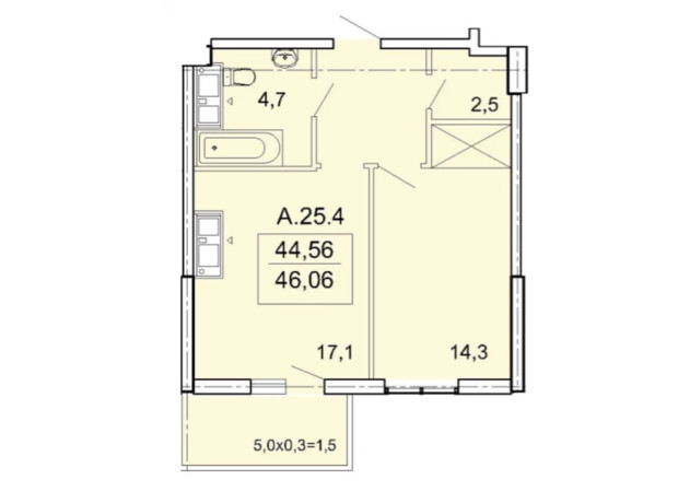ЖК Акрополь: планировка 1-комнатной квартиры 46.06 м²