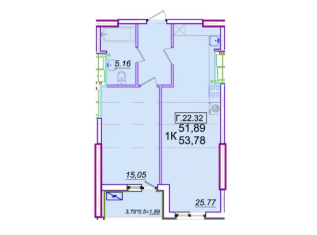 ЖК Родос: планировка 1-комнатной квартиры 54.22 м²