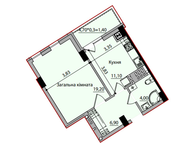 ЖК Avtor: планировка 1-комнатной квартиры 42.6 м²