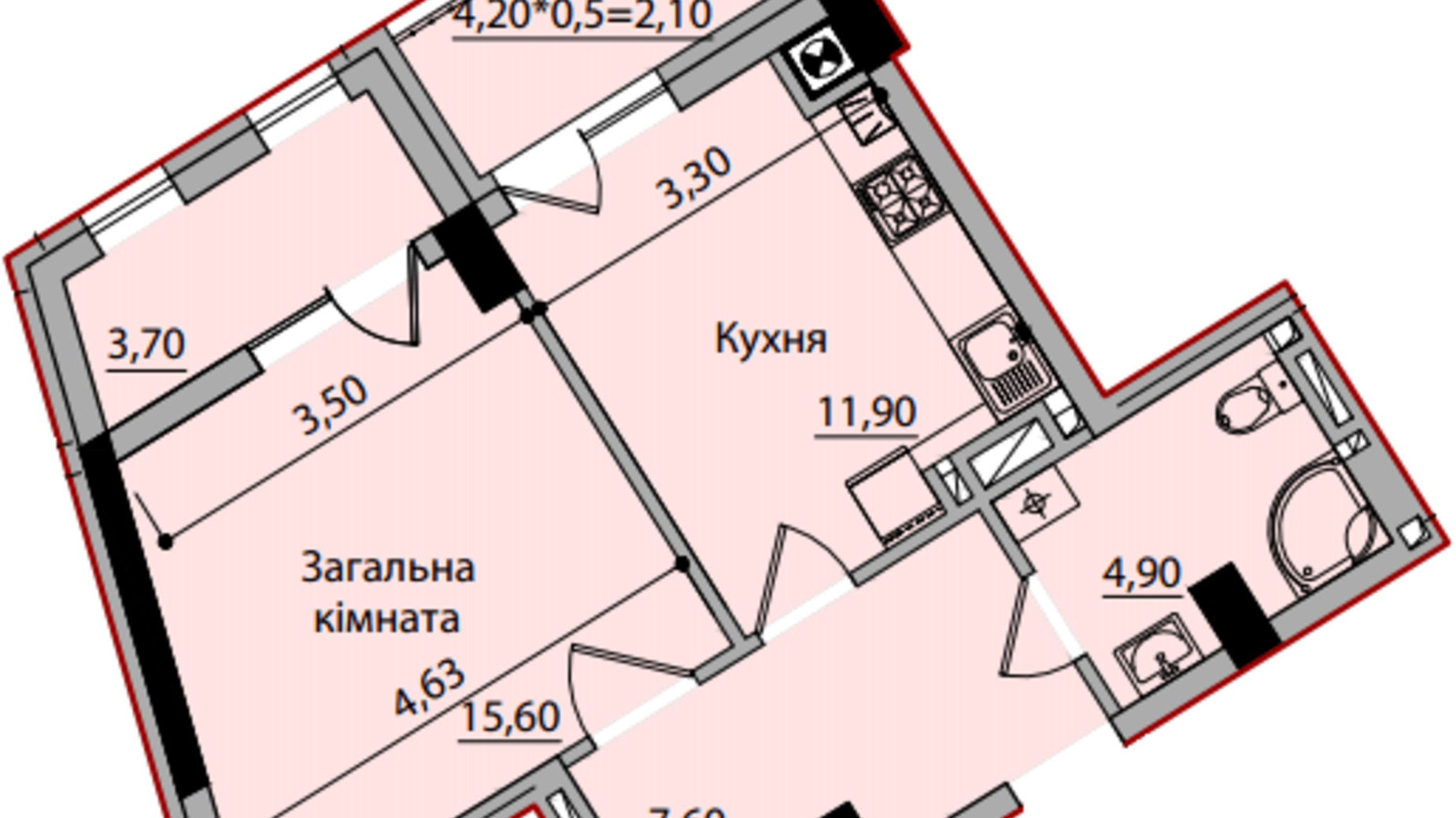 Планування 1-кімнатної квартири в ЖК Avtor 45.8 м², фото 407521