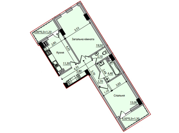 ЖК ул. Науки, 4: планировка 2-комнатной квартиры 61.3 м²