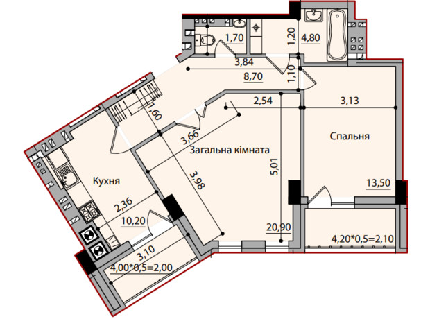 ЖК вул. Науки, 4: планування 2-кімнатної квартири 63.9 м²