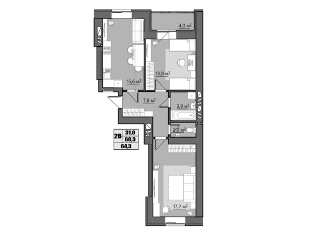 ЖК Сімейний: планування 2-кімнатної квартири 64.2 м²