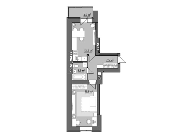 ЖК Сімейний: планування 1-кімнатної квартири 44.5 м²