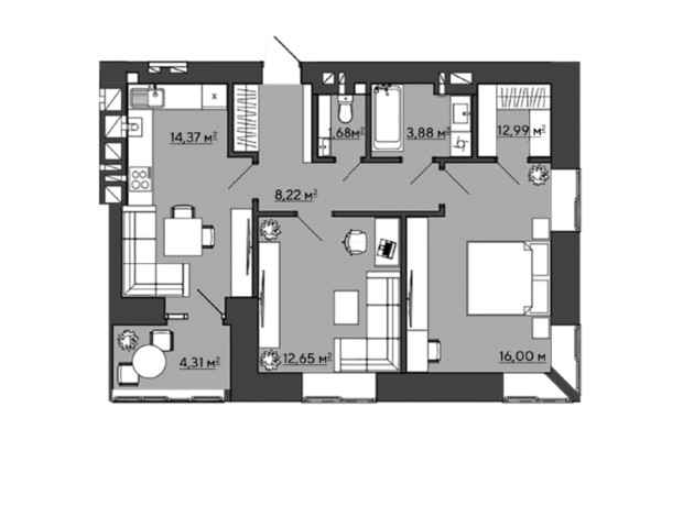 ЖК Галицкий: планировка 2-комнатной квартиры 64.1 м²