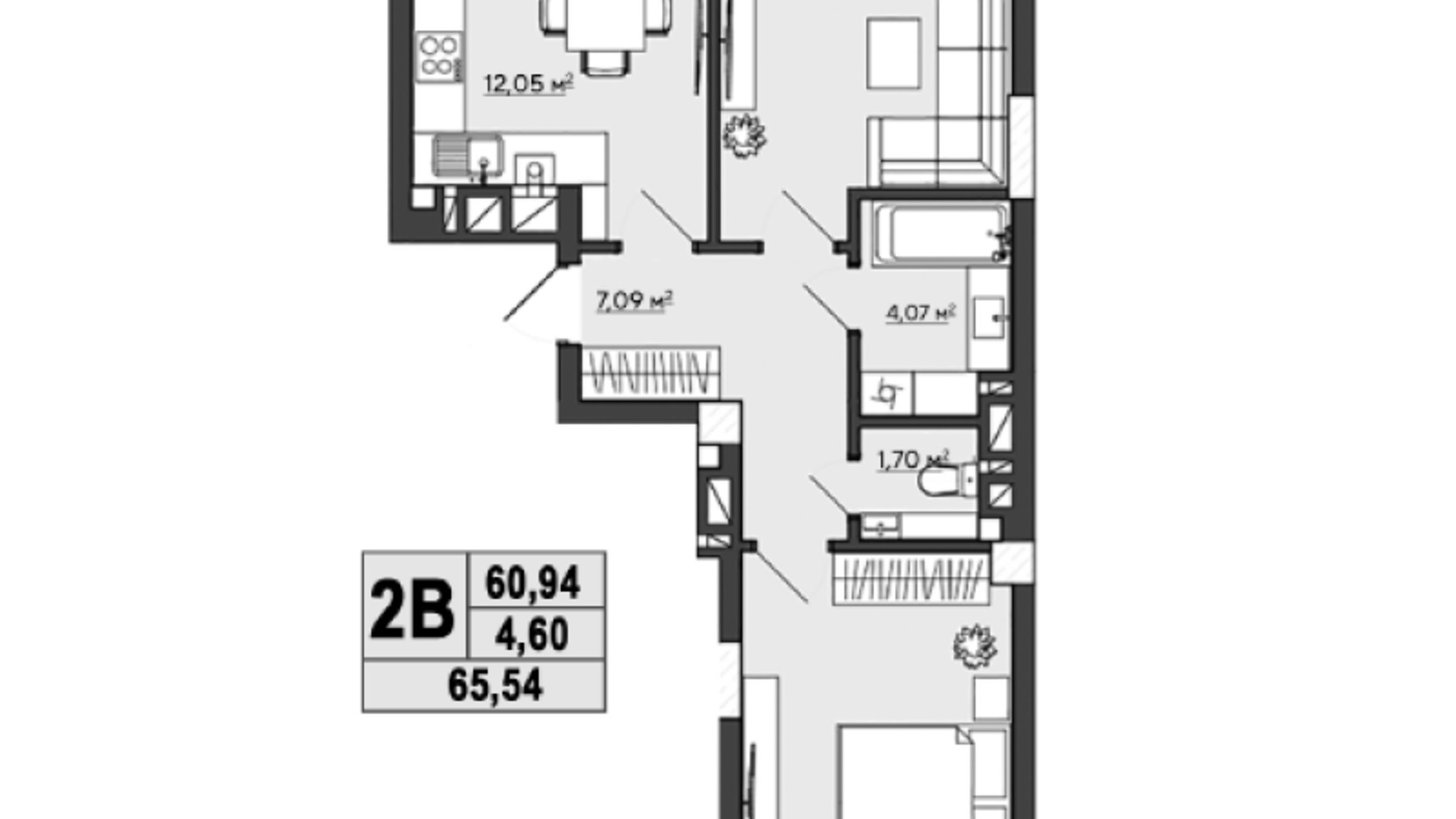 Планировка 2-комнатной квартиры в ЖК Галицкий 65.54 м², фото 407640