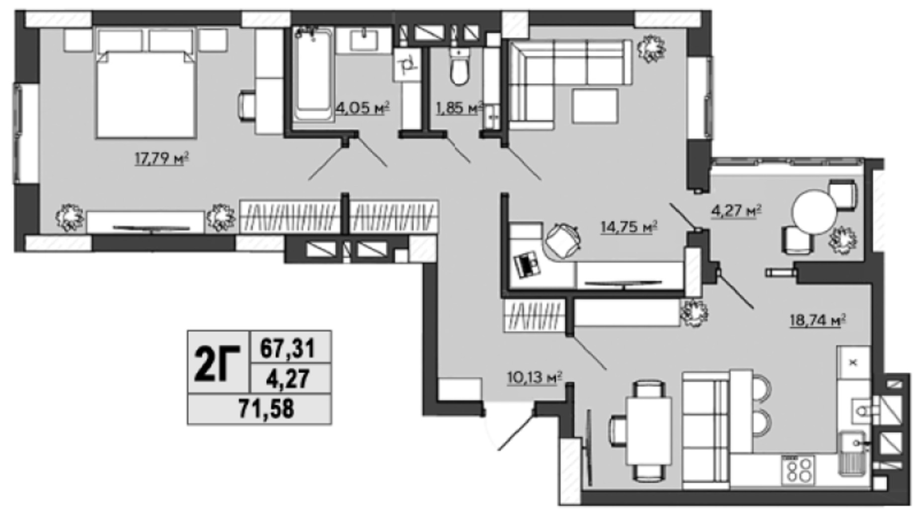 Планировка 2-комнатной квартиры в ЖК Галицкий 71.58 м², фото 407641