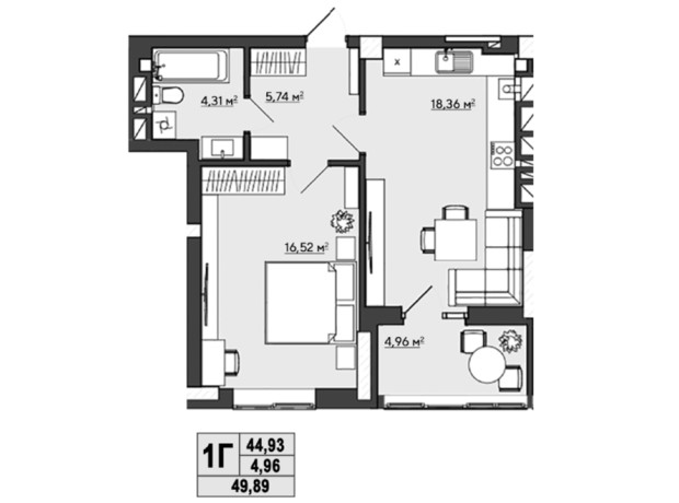 ЖК Галицький: планування 1-кімнатної квартири 49.89 м²