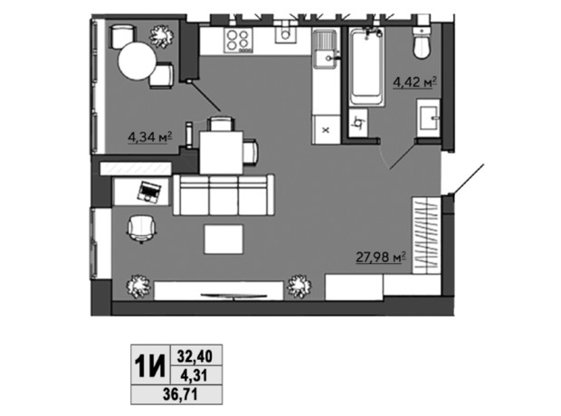 ЖК Галицкий: планировка 1-комнатной квартиры 36.71 м²