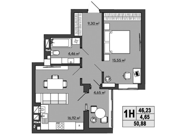 ЖК Галицький: планування 1-кімнатної квартири 50.88 м²