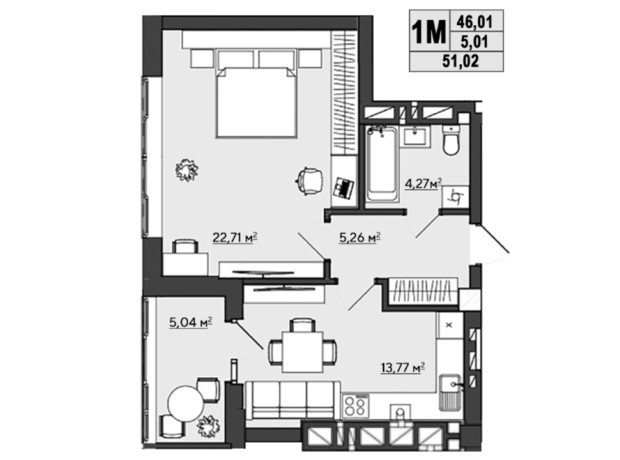 ЖК Галицкий: планировка 1-комнатной квартиры 51.02 м²