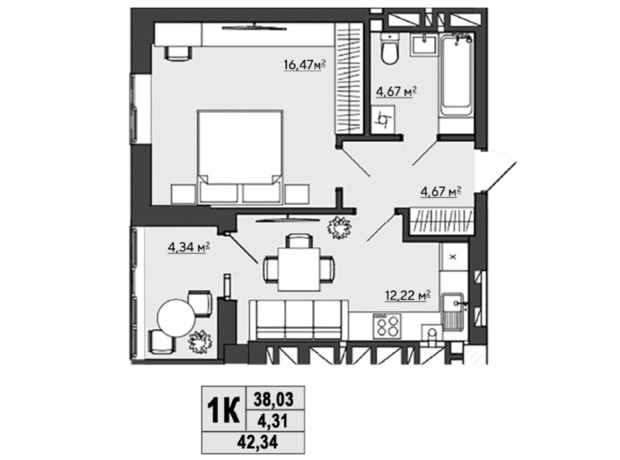 ЖК Галицький: планування 1-кімнатної квартири 42.34 м²