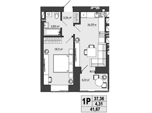 ЖК Галицкий: планировка 1-комнатной квартиры 42.46 м²