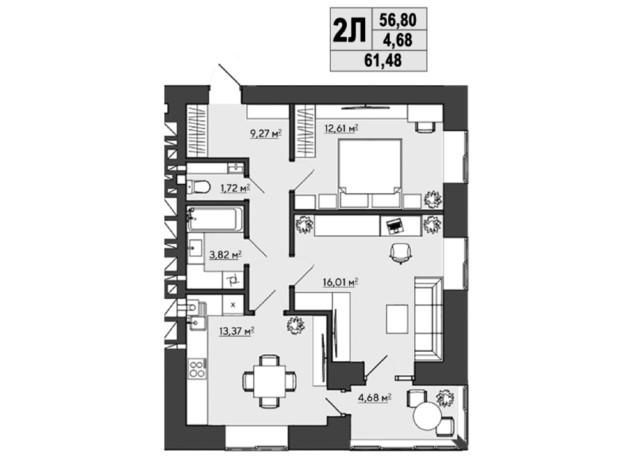 ЖК Галицкий: планировка 2-комнатной квартиры 61.48 м²
