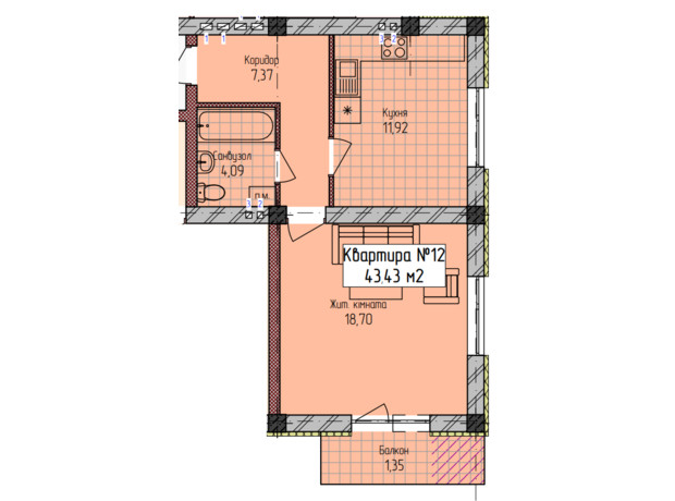 ЖК Радищева Новый: планировка 1-комнатной квартиры 43.43 м²