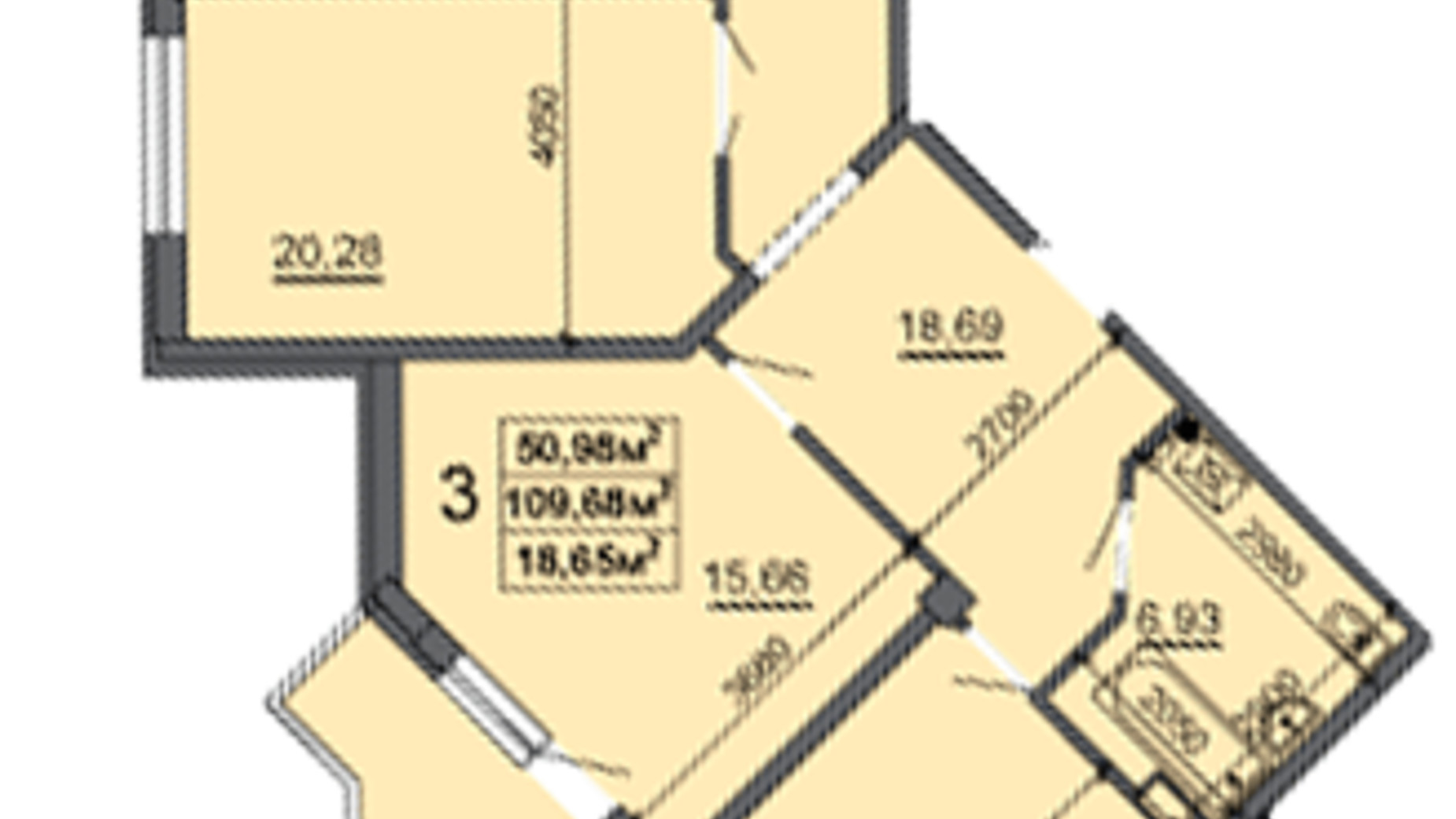 Планировка 3-комнатной квартиры в ЖК ул. Смелянская, 52, 54, 56 109.19 м², фото 408275