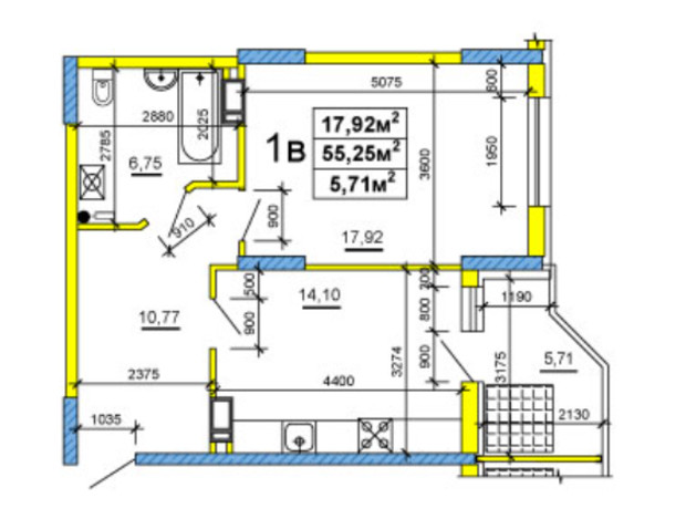 ЖК ул. Смелянская, 52, 54, 56: планировка 1-комнатной квартиры 54.94 м²