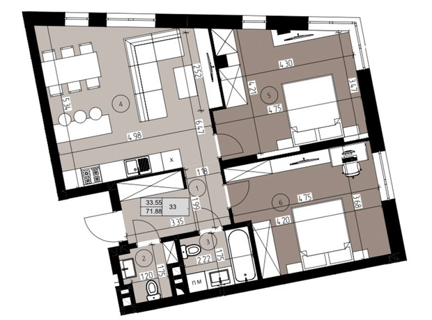 ЖК Green Park: планування 2-кімнатної квартири 72 м²