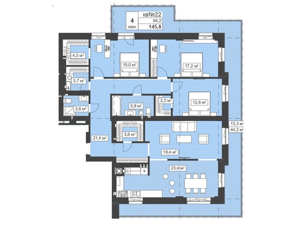 ЖК Q-7 Quoroom Ice: планировка 4-комнатной квартиры 145.8 м²