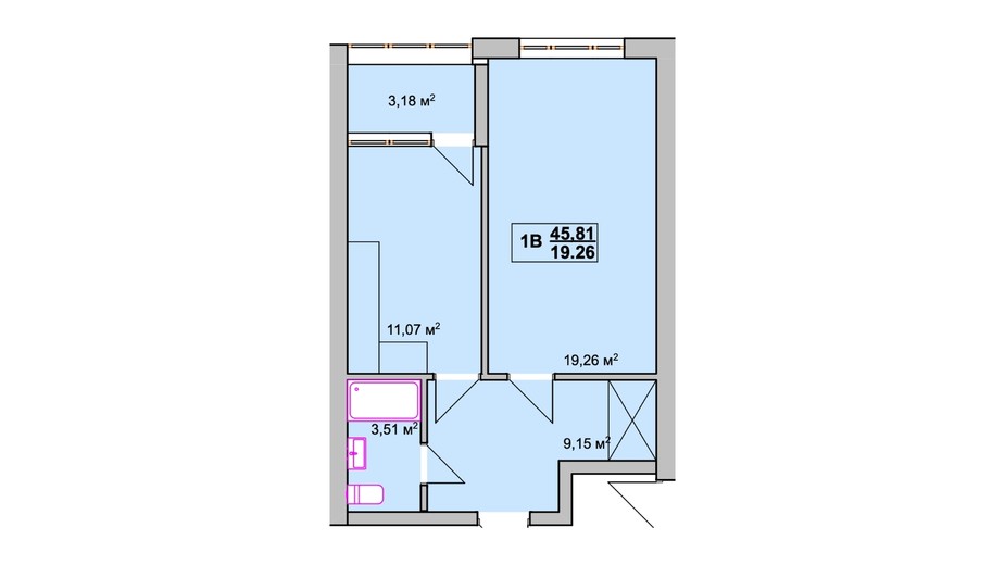 Планировка 1-комнатной квартиры в ЖК Західний 45.81 м², фото 409390