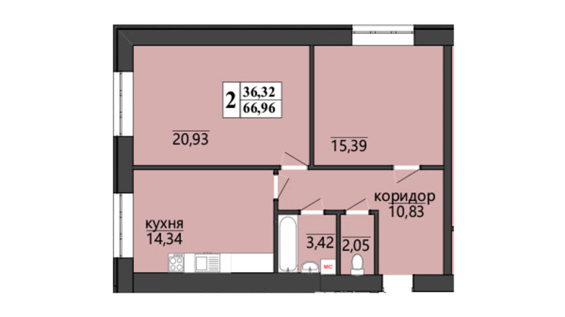 Планировка 2-комнатной квартиры в ЖК Правильный выбор 66.96 м², фото 40960