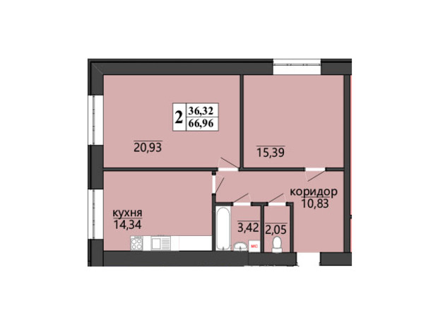 ЖК Правильный выбор: планировка 2-комнатной квартиры 66.96 м²