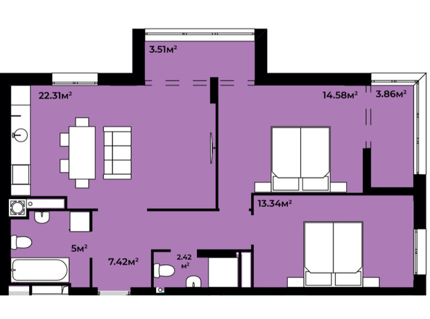 ЖК Continent Green: планировка 2-комнатной квартиры 72.45 м²