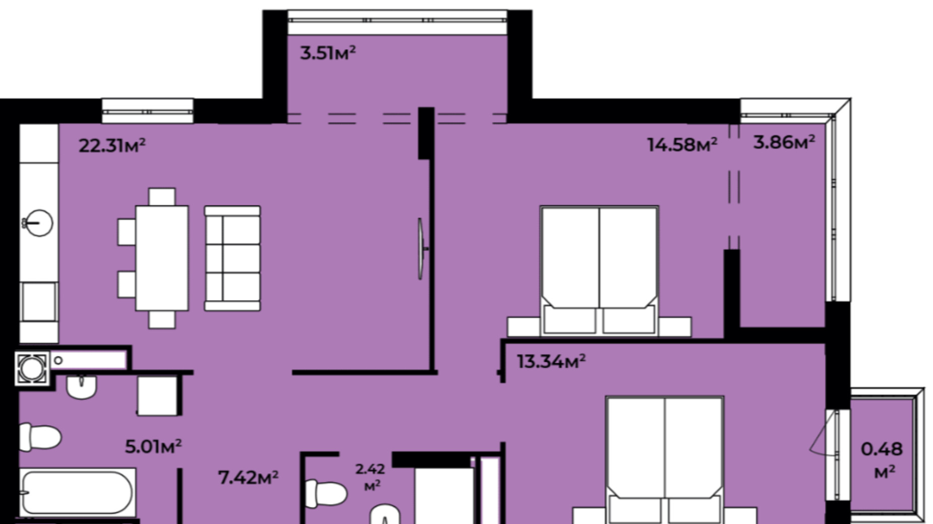 Планування 2-кімнатної квартири в ЖК Continent Green 72.94 м², фото 409859