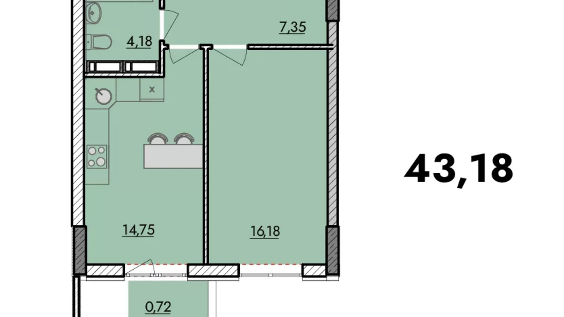 Планування 1-кімнатної квартири в ЖК Київські Зорі 2 43.18 м², фото 410540
