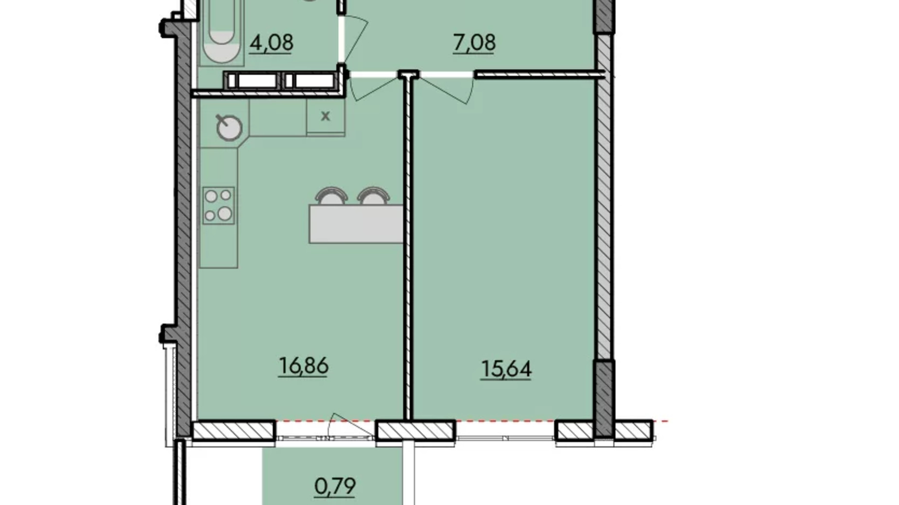 Планування 1-кімнатної квартири в ЖК Київські Зорі 2 44.45 м², фото 410541