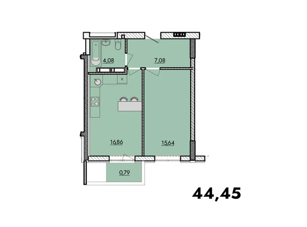 ЖК Киевские Зори 2: планировка 1-комнатной квартиры 44.45 м²