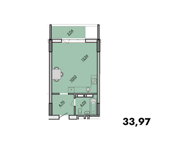 ЖК Київські Зорі 2: планування 1-кімнатної квартири 33.97 м²