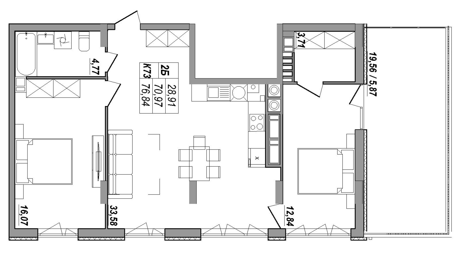 Планировка 2-комнатной квартиры в ЖК Солнечная Терраса 76.84 м², фото 411066