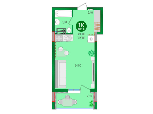 ЖК Q-smart: планировка 1-комнатной квартиры 37.1 м²