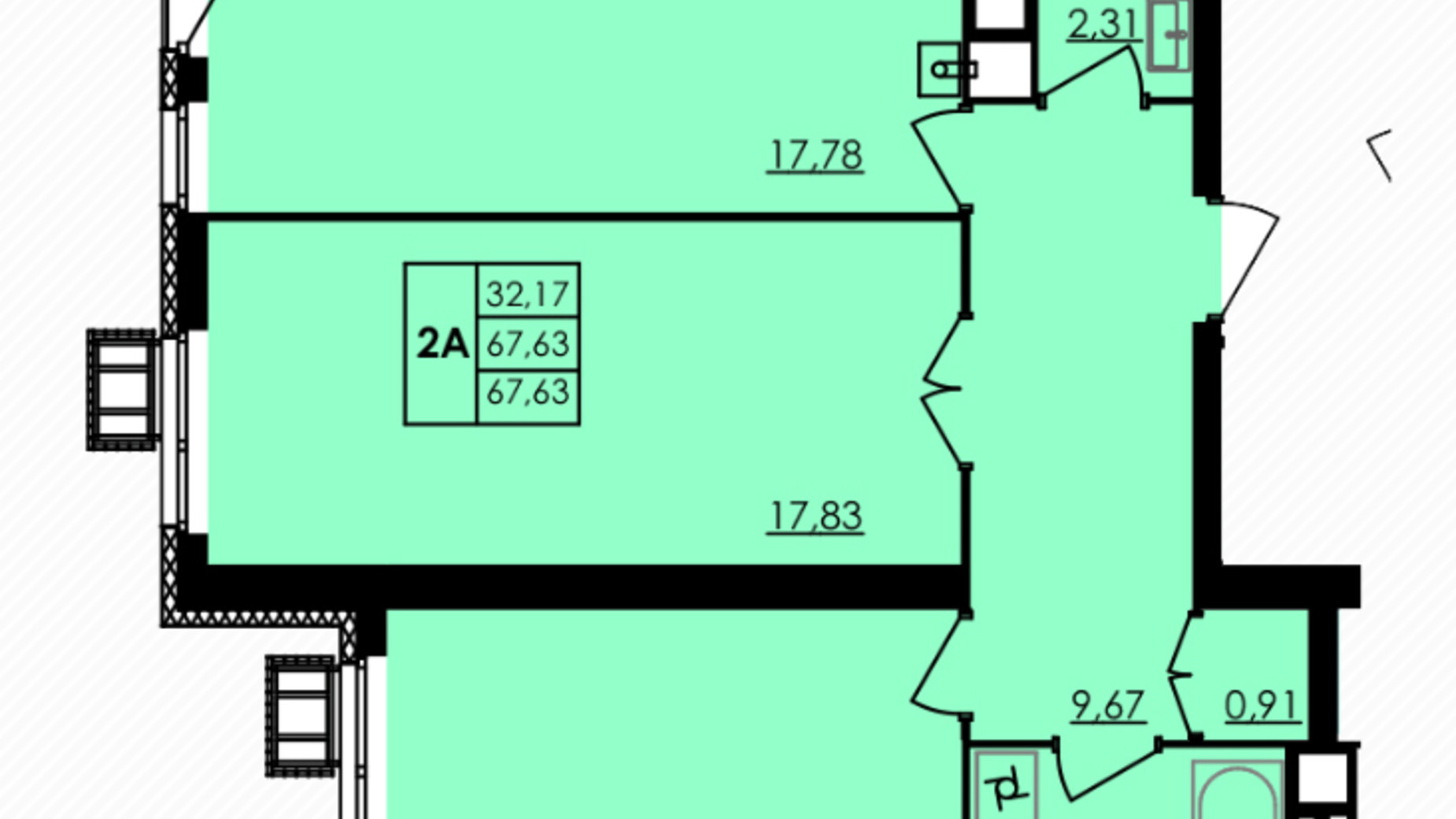 Планировка 2-комнатной квартиры в ЖК City Park 67.63 м², фото 412876