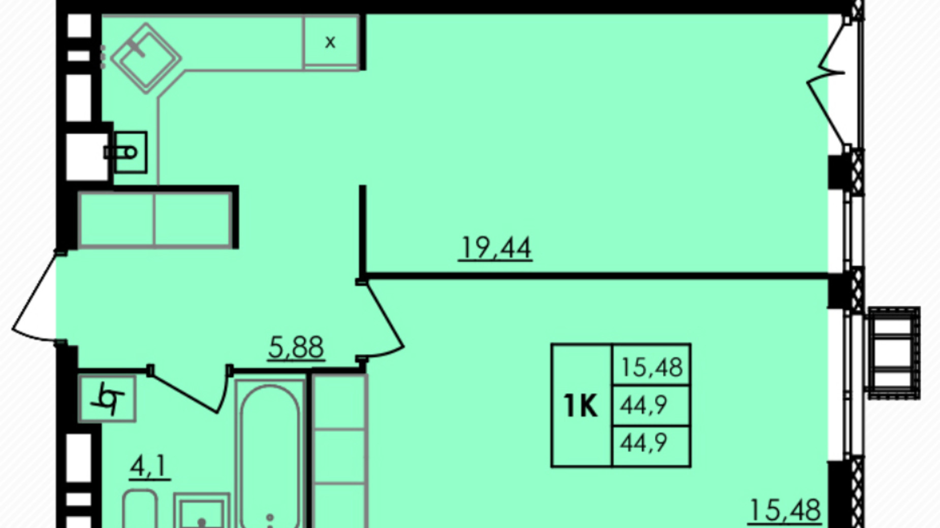 Планування 1-кімнатної квартири в ЖК City Park 44.93 м², фото 412879