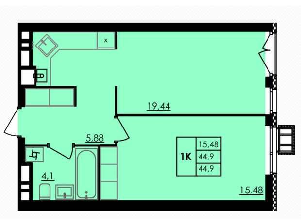 ЖК City Park: планування 1-кімнатної квартири 44.93 м²