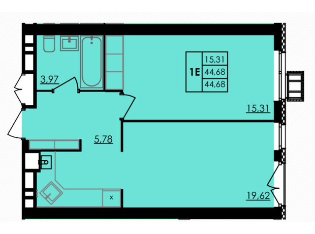 ЖК City Park: планування 1-кімнатної квартири 44.68 м²