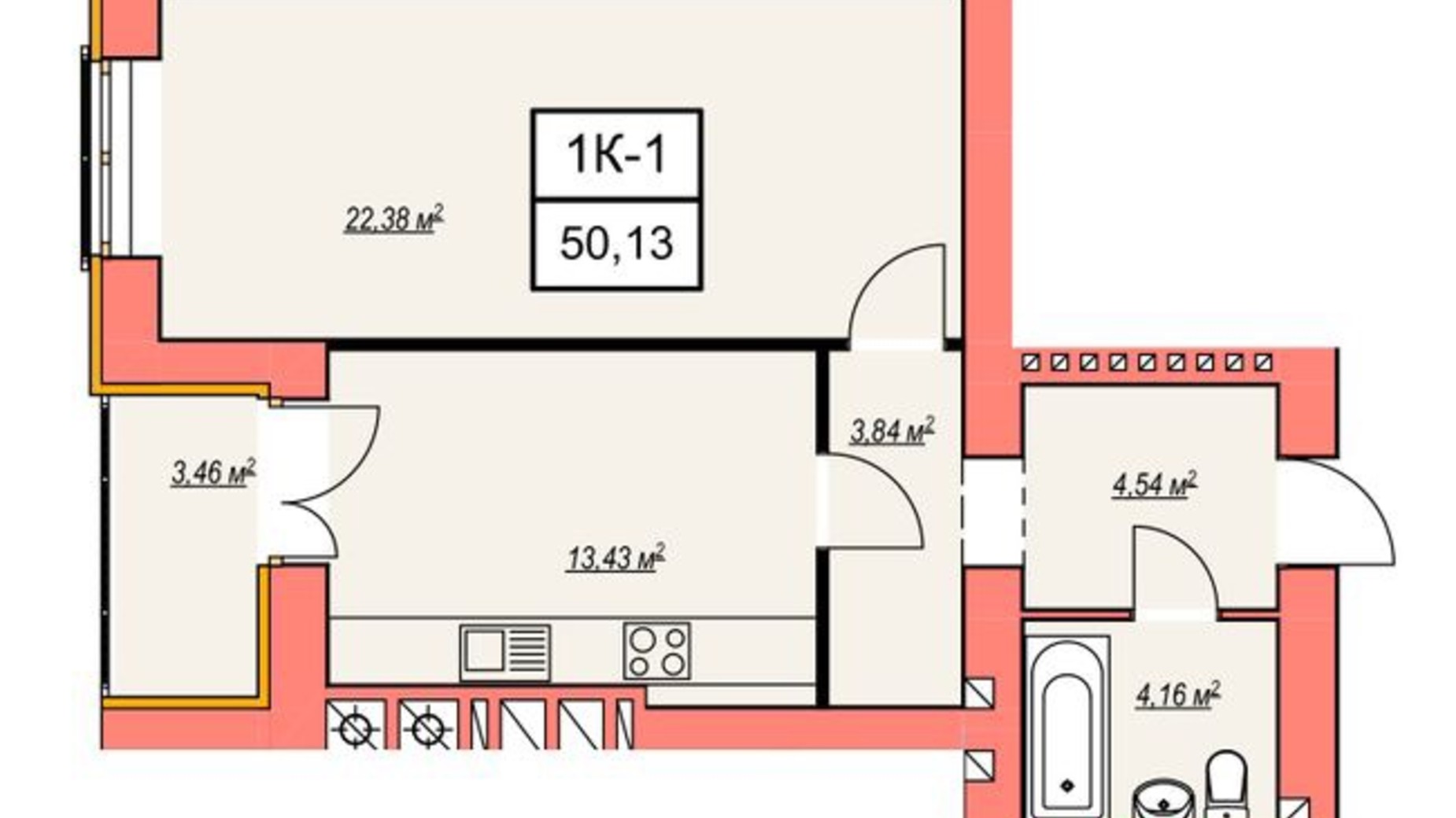 Планування 1-кімнатної квартири в ЖК Агора 7 50.13 м², фото 413098