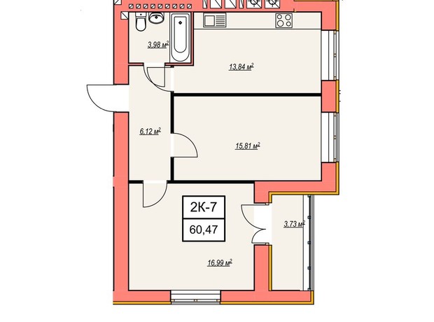 ЖК Агора 7: планування 2-кімнатної квартири 60.47 м²