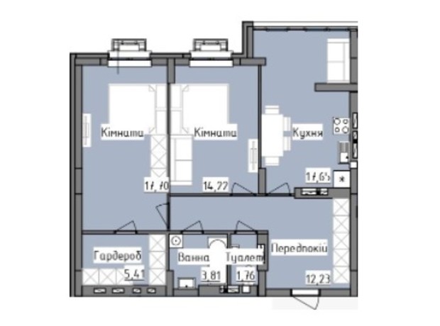 ЖК R2 residence: планировка 2-комнатной квартиры 72.78 м²
