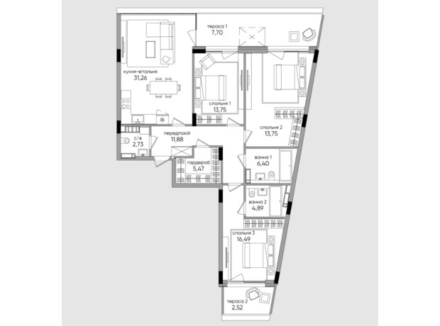ЖК Park Lake City Vita: планировка 3-комнатной квартиры 125.28 м²