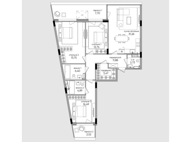 ЖК Park Lake City Vita: планування 3-кімнатної квартири 125.28 м²