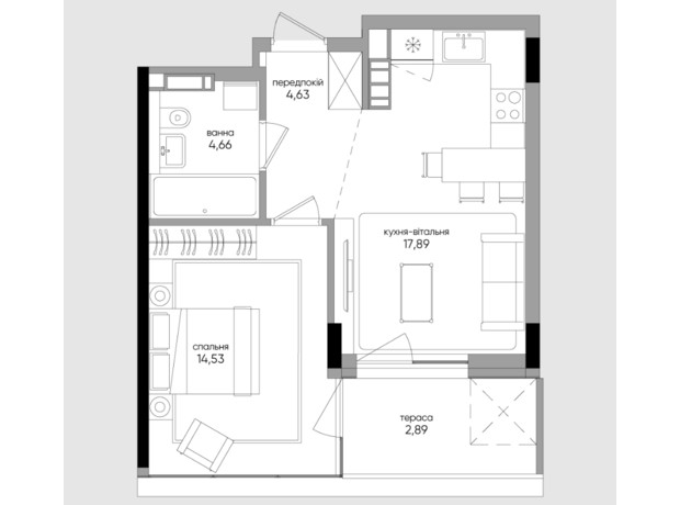 ЖК Park Lake City Vita: планування 1-кімнатної квартири 44.6 м²