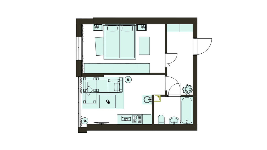 Планування 1-кімнатної квартири в Клубна резиденція O'Club  43.06 м², фото 413311